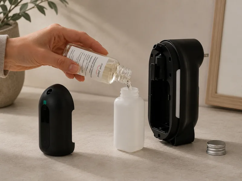 Pouring a 125 ml fragrance refill into the Scent Home Diffuser bottle
